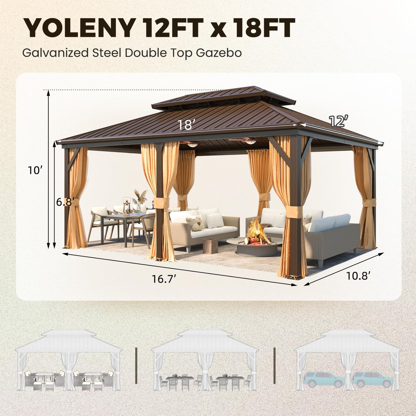 YOLENY 12' x 18' Hardtop Gazebo, Metal Gazebo with Aluminum Frame, Double Galvanized Steel Roof, Curtains and Netting Included, Metal Gazebos Pergolas for Patios, Garden, Parties, Lawns