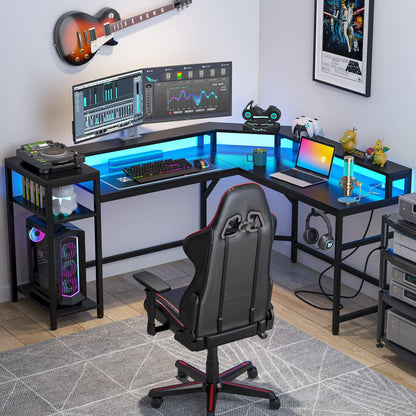 Tribesigns L-Shaped Gaming Desk with Power Outlets & LED Strips, L-Shaped Computer Desk with Storage Shelves, Corner Computer Desk with Monitor Stand, Black Modern Writing Desk Home Office, G - WoodArtSupply