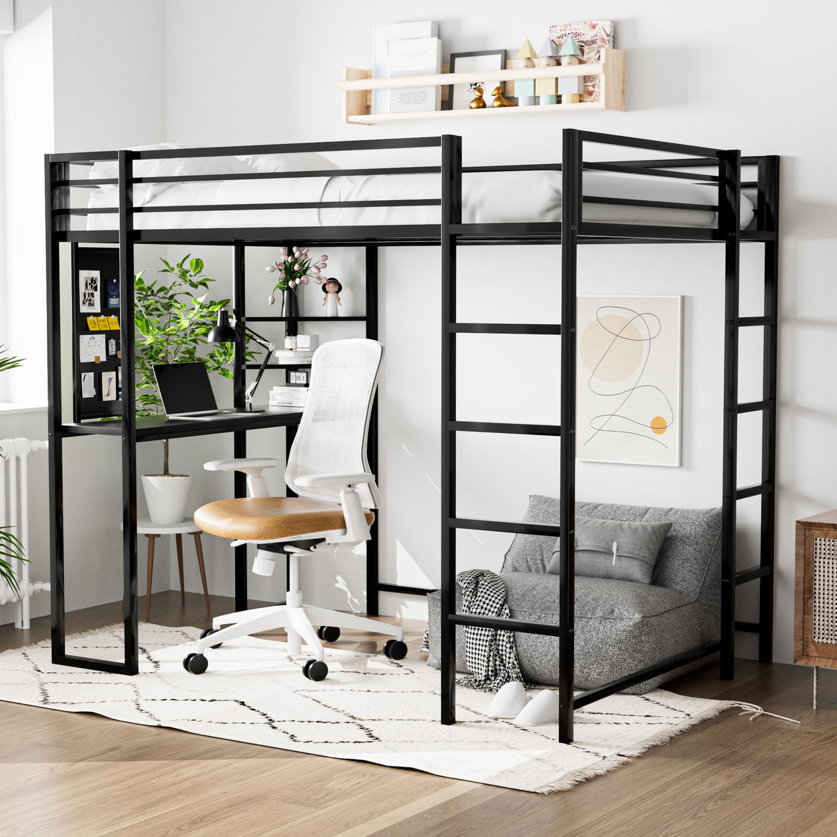 JINS&VICO Twin Size Loft Bed with Desk and Shelves, Metal Loft Bed Frame with 2 Built-in Ladders, Guardrail, Loft Bed for Juniors, Adults, Noise-Free & No Box Spring Needed, Black JINS&VICO