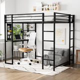 JINS&VICO Twin Size Loft Bed with Desk and Shelves, Metal Loft Bed Frame with 2 Built-in Ladders, Guardrail, Loft Bed for Juniors, Adults, Noise-Free & No Box Spring Needed, Black JINS&VICO