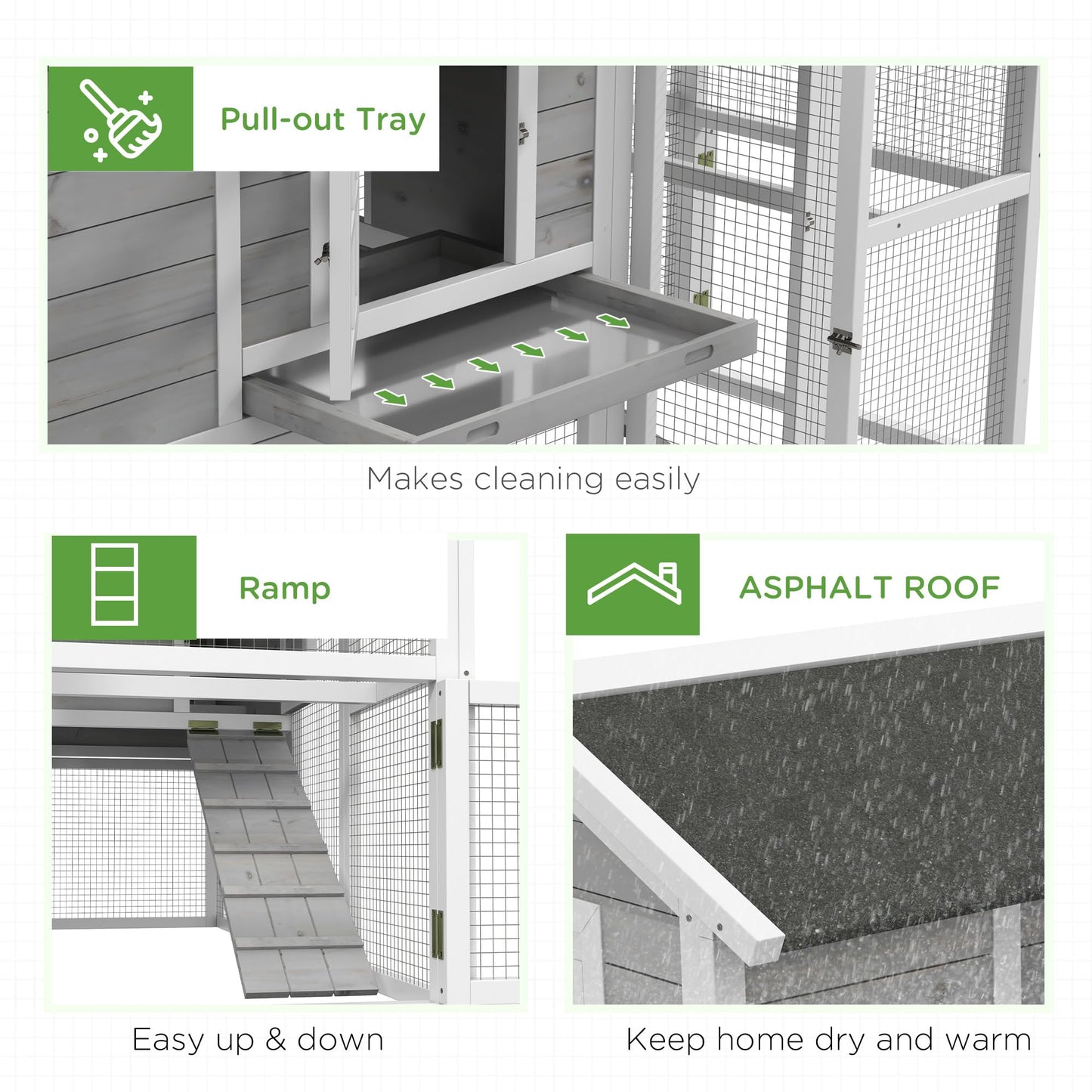 PawHut Chicken Coop, Wooden Chicken Hutch for 4 Chickens with Nesting Box, Removable Tray, Run, Hen House for Outdoor, Backyard, Farm, 77.5" x 32.5" x 46", Light Gray - WoodArtSupply