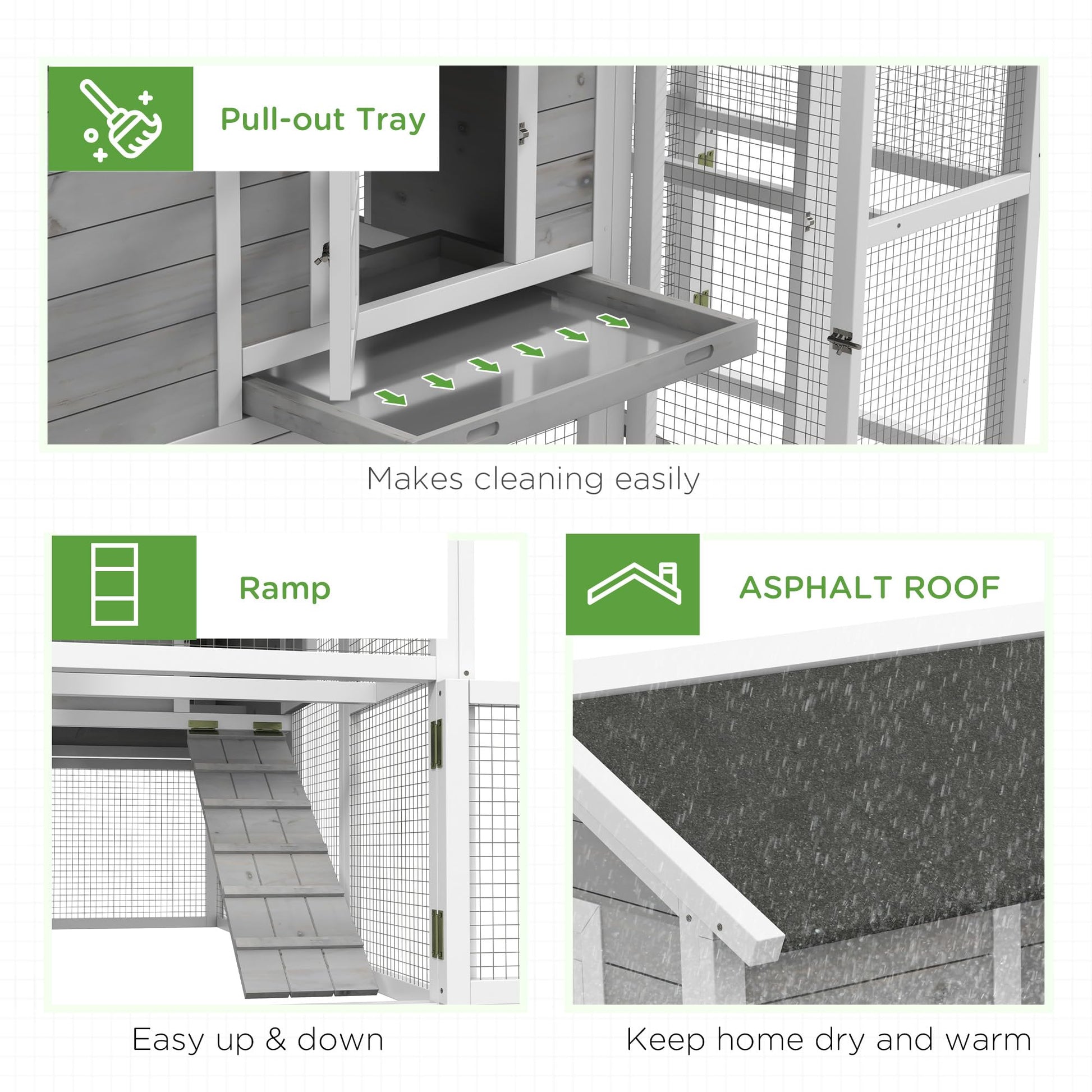 PawHut Chicken Coop, Wooden Chicken Hutch for 4 Chickens with Nesting Box, Removable Tray, Run, Hen House for Outdoor, Backyard, Farm, 77.5" x 32.5" x 46", Light Gray - WoodArtSupply