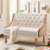 Yongqiang Modern Settee with Back Small Loveseat Sofa Rattan Upholstered Dining Banquette Seating for Kitchen Dining Room Living Room Linen Button Tufted Mini Couch Yongqiang