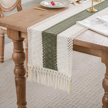 duduta Sage Green Macrame Table Runner 72 inch Long, Rustic Farmhouse Dresser Covers Boho Summer Coffee Table Decor duduta