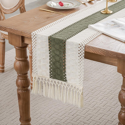 duduta Sage Green Macrame Table Runner 72 inch Long, Rustic Farmhouse Dresser Covers Boho Summer Coffee Table Decor