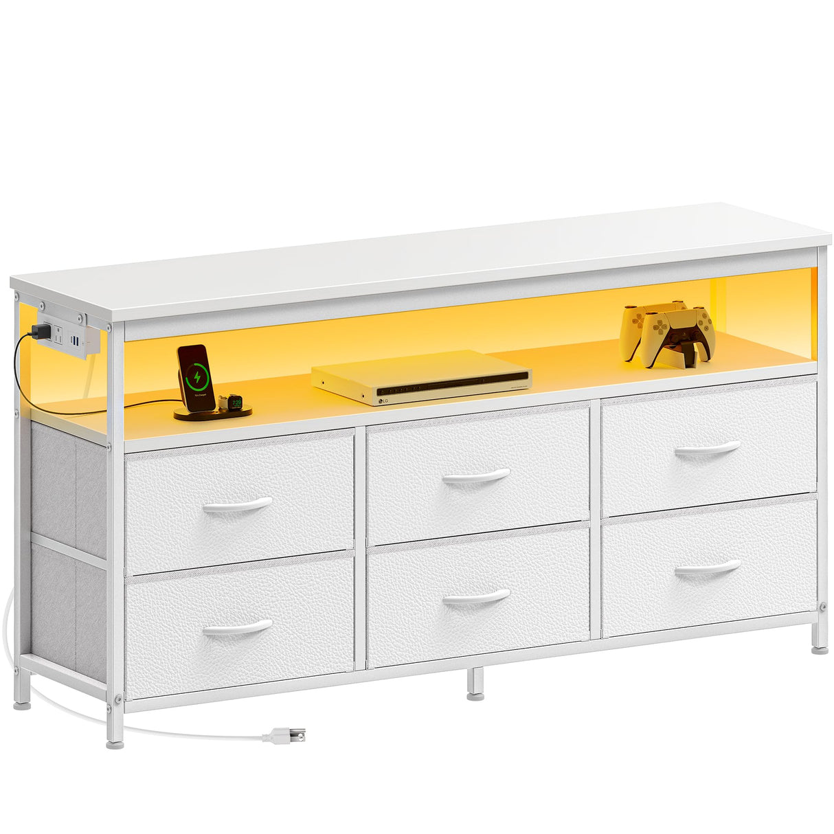 Huuger LED TV Stand for Bedroom, 47 Inch Dresser with Power Outlets, Entertainment Center for 55, 50, 43 Inch TV, 6 Drawer Dresser for Bedroom, Chest of Drawers with Open Shlef, PU Leather, White Huuger