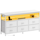 Huuger LED TV Stand for Bedroom, 47 Inch Dresser with Power Outlets, Entertainment Center for 55, 50, 43 Inch TV, 6 Drawer Dresser for Bedroom, Chest of Drawers with Open Shlef, PU Leather, White Huuger