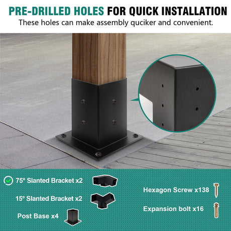 HAYOHRT 15° Pergola Brackets 75° Pergola Brackets Corner Bracket with Post Base Gazebo Kit for 4x4'' (Actual 3.5x3.5 in) Wooden Beams Lumber Gazebos Patio Pergola Sheds HAYOHRT