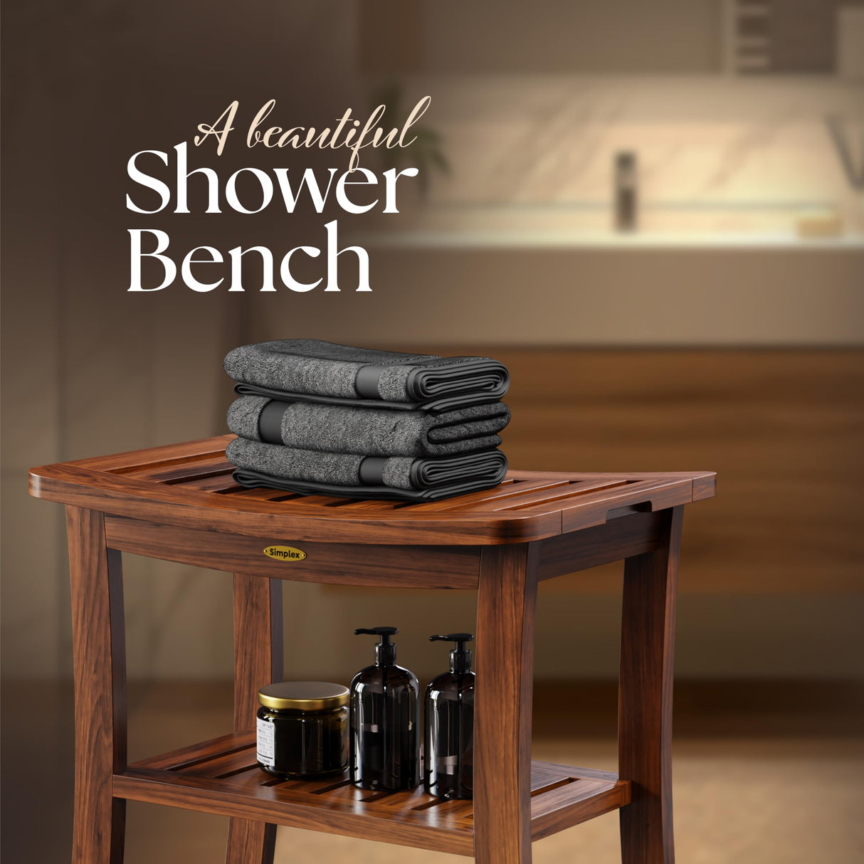 Simplex Teak Shower Bench, Fully Assembled Shower Stool, Water-Resistant Spa Seat, 20.8 Inch Non Slip Shower Bench, Indoor & Outdoor Use SIMPLEX