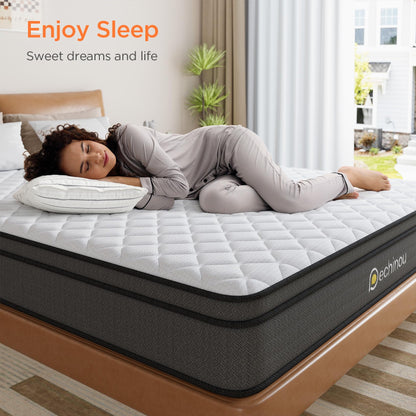 PECHINOU 8 INCH Queen Size Mattress, Queen Mattress with Gel Memory Foam and Spring, Breathable Hybrid Mattress in a Box for a Cool & Peaceful Sleep, Strong Edge & Medium Firm Support, CertiPUR-US