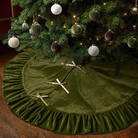 Vertintong 48 Inches Velvet Christmas Tree Skirt Olive Green with Gold Bow Fur Plush Tree Skirt Luxury Xmas Skirts for Merry Christmas Party Vintage Holiday Decorations Vertintong