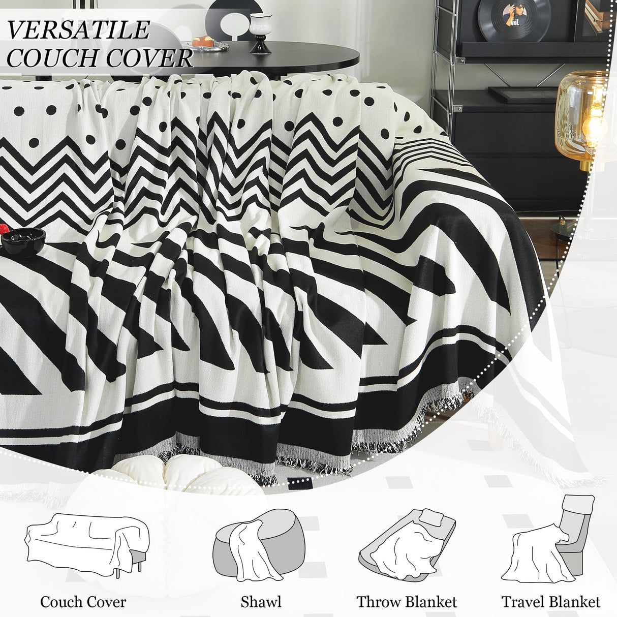 Tritard Boho Couch Cover Reversible Striped Sectional Couch Covers Black White Sofa Loveseat Covers Chenille Cushion Covers with Tassel Washable Couch Protector for Dogs Pet Futon Cover (71"-134") Tritard