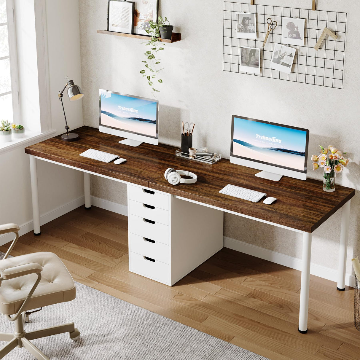 Tribesigns Two Person Computer Desk with 5 Drawers, 78.7 Inches Extra Long Double Office Desk, Modern Simple Double Computer Desk Study Writing Table Workstation for Home Office(Brown/White) Tribesigns