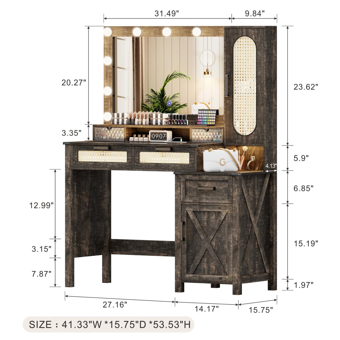 ACTKISS Farmhouse Makeup Vanity with Mirror and Lights, Vanity Desk with Glass Top Design & Charging Station, Hollywood Vanity Mirror with Drawers Dressing Table for Bedroom, Rustic Oak