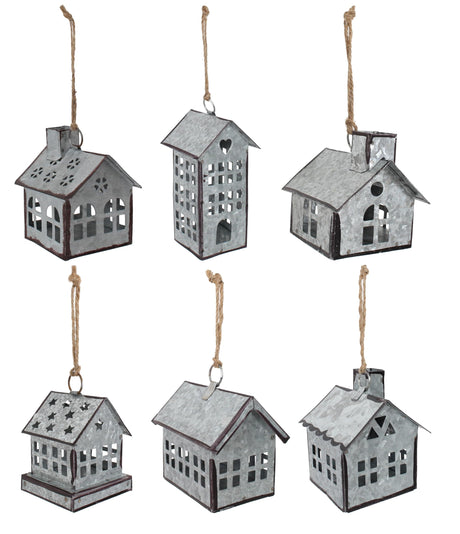 Sweet Summer Living Set of 6 Pieces Assorted Christmas Ornament, Village Houses, Farmhouse Decor, Tin Houses Galvanized Sweet Summer Living