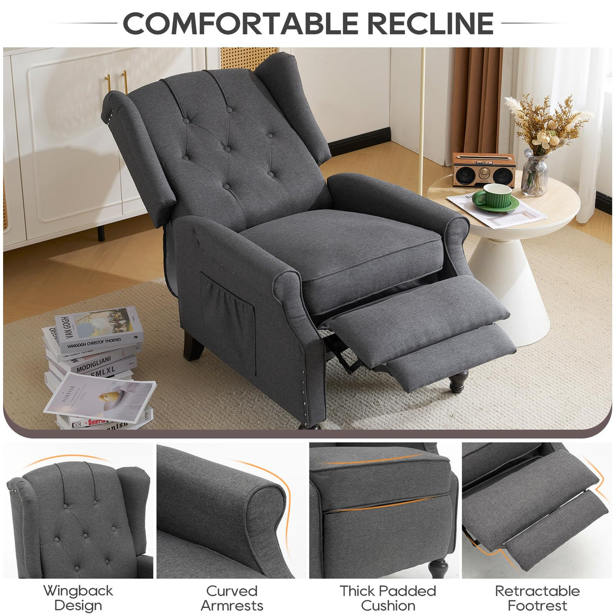 P.H.Furn Wingback Recliner Chair with Massage and Heat, Upholstered Fabric Living Room Chair Armchair with Nailhead Trim,Push Back Recliner Chair with Remote Control,Padded Cushion (Grey) P.H.Furn