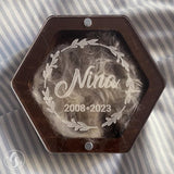 Personalized Pet Hair Keepsake Box for Dog and Cat Fur - Engraved Wood Memorial Box - Unique Customized Gift for Loss of Furry Friend Wooden (Dark Diamand Clear Lid) L-site