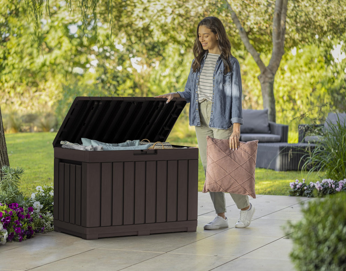 Keter Kentwood 50 Gallon Resin Deck Box-Organization and Storage for Patio Cushions, Throw Pillows and Garden Tools, Brown Keter