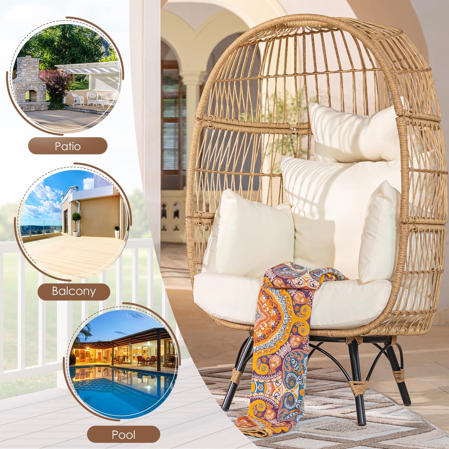 RADIATA Oversized Wicker Egg Chair w/ 5 Cushions 440lb Capacity Lounge Basket with Strong Heavy-Duty Steel Frame for Indoor Outdoor Patio Backyard Living Room (Beige)