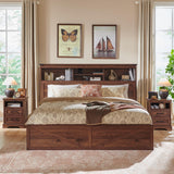 ACCOHOHO Farmhouse King Size Wood Bed Frame with 52" Tall Storage Headboard and 4 Drawers,LED Light,Charging Station,Solid Wood Slats Support,Noiseless,No Box Spring Needed,Brown ACCOHOHO
