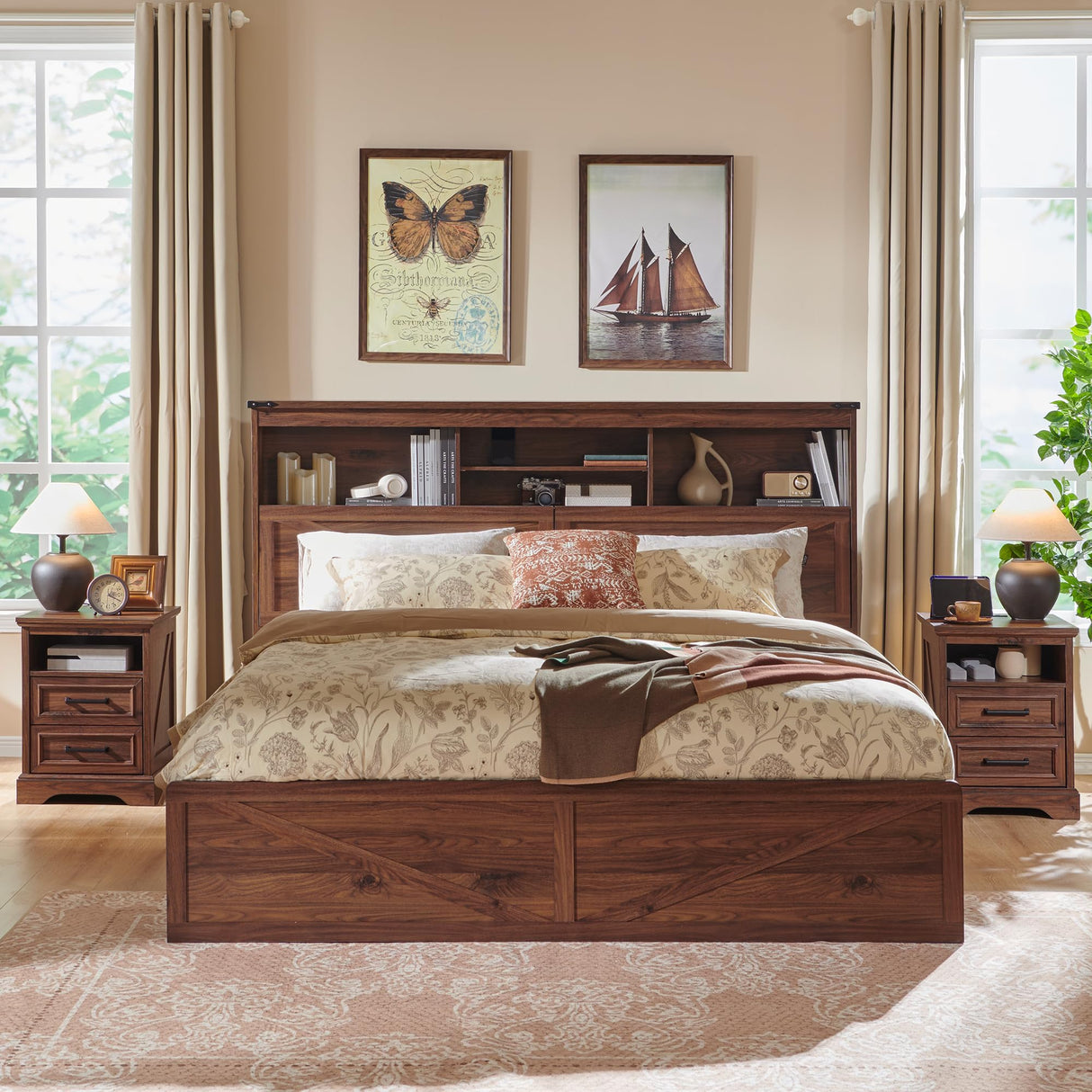 ACCOHOHO King Size Wood Bed Frame Farmhouse with 52" Tall Storage Bookcase Headboard, LED Light,Charging Station,4 Drawers and Solid Wood Slats Support,Noiseless,No Box Spring Needed - Brown ACCOHOHO