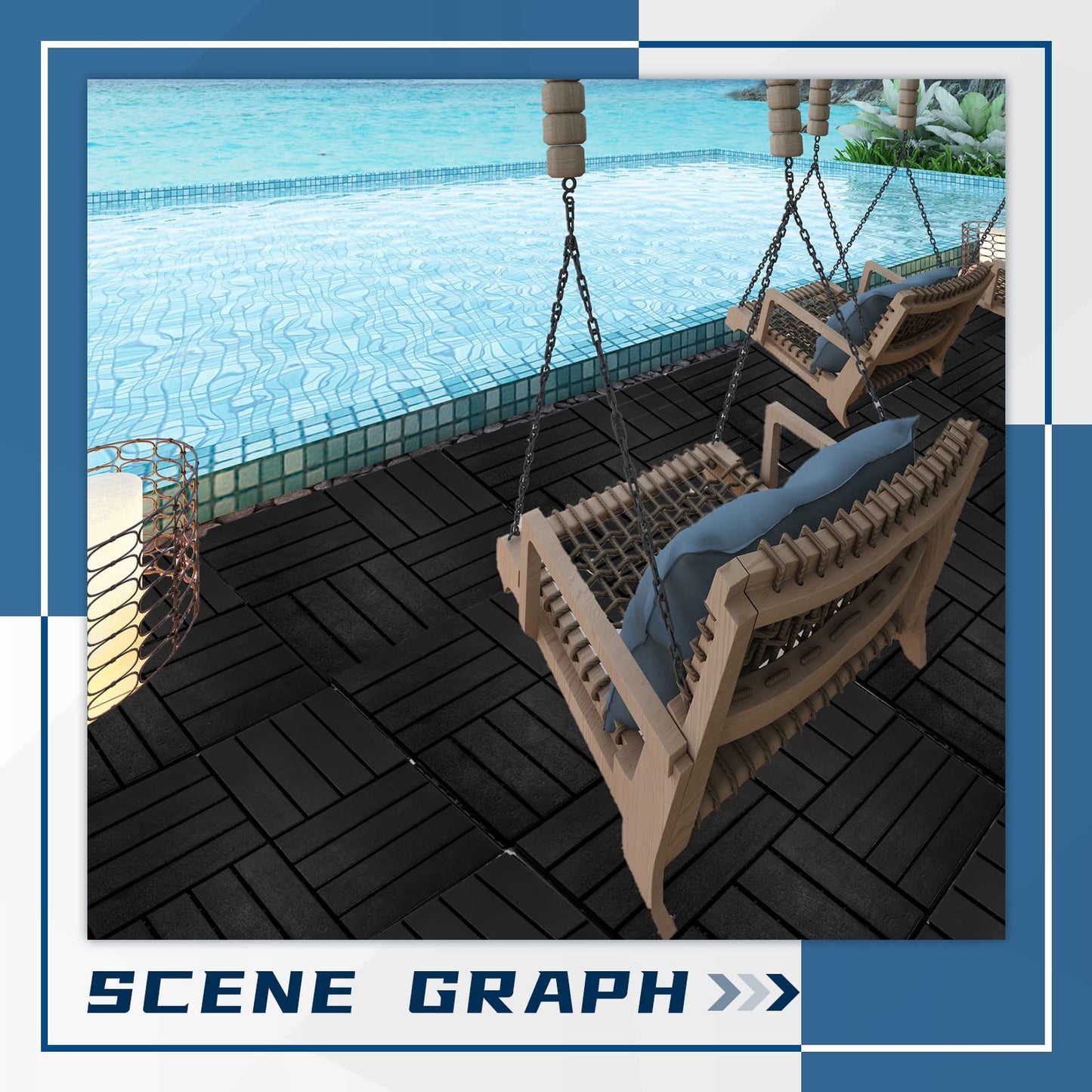 Treela 48 Pcs Plastic Interlocking Deck Tiles 12 x 12 Inch Patio Deck Tiles Waterproof Outdoor Flooring Composite Decking Boards Floor Decking Tiles for Porch Poolside Balcony Backyard (Black)