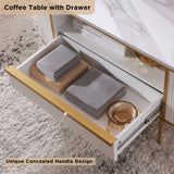 OKD Modern Luxury Fluted Coffee Table, 48" Oval Coffee Table with Drawer, Faux Marble Top, Curved Profile Design, Gold Metal Decor, Center Table for Living Room, Off White OKD