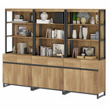 WAMPAT 3 PCS Modern 72" Tall Bookcases with Metal Base and Adjustable Shelves, Library Book Shelf with Storage Cabinet and Open Book Shelfs, Wood Bookshelves for Home Office, Living Room, Oak WAMPAT