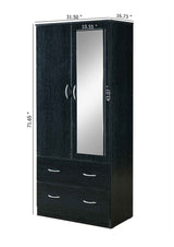 HODEDAH 2 Door Wood Wardrobe Bedroom Closet with Clothing Rod inside Cabinet, 2 Drawers for Storage and Mirror, Black Hodedah