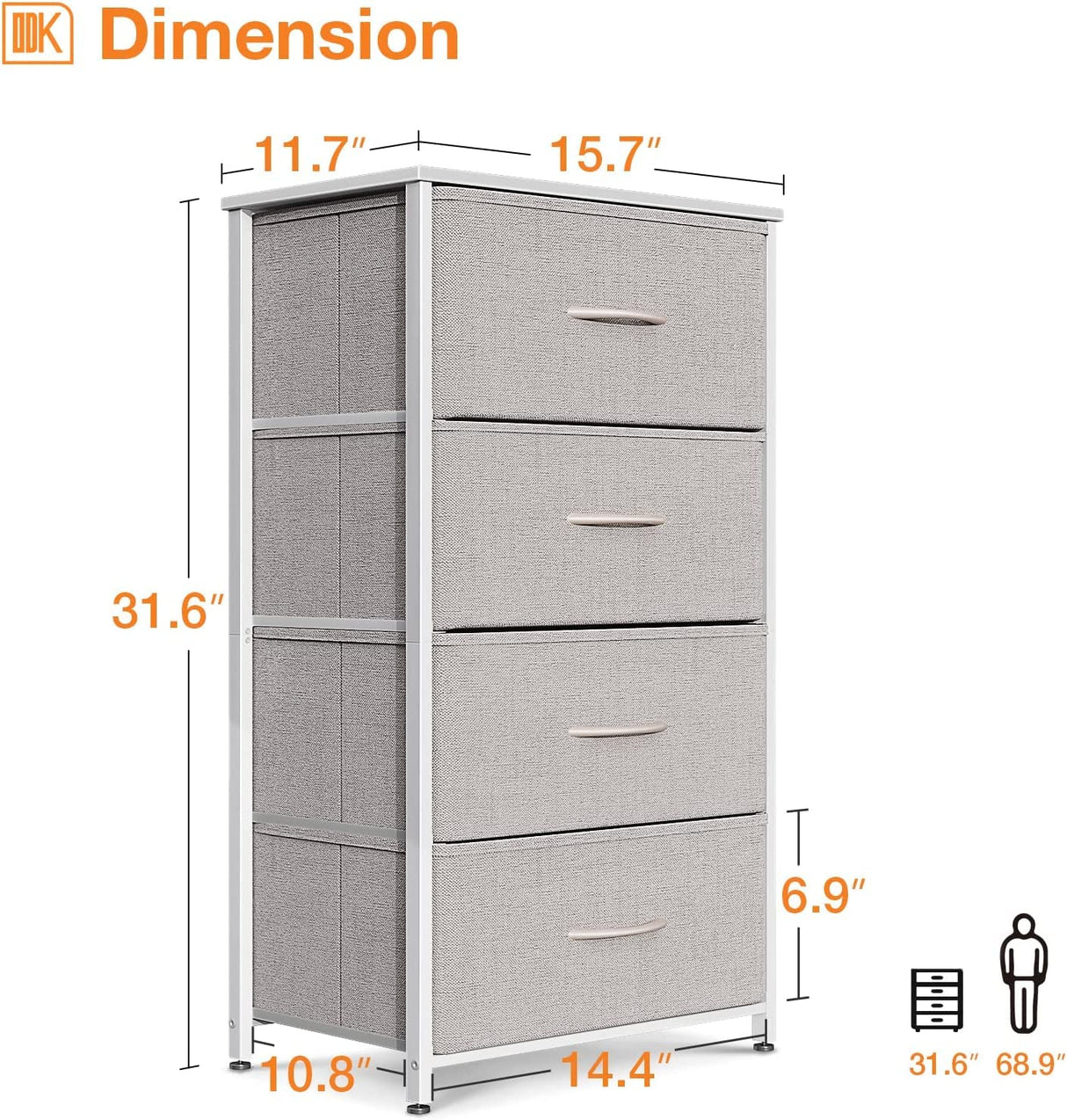 ODK Dresser for Bedroom with 4 Storage Drawers, Small Dresser Chest of Fabric Drawers with Sturdy Steel Frame, Wood Top, Light Grey ODK