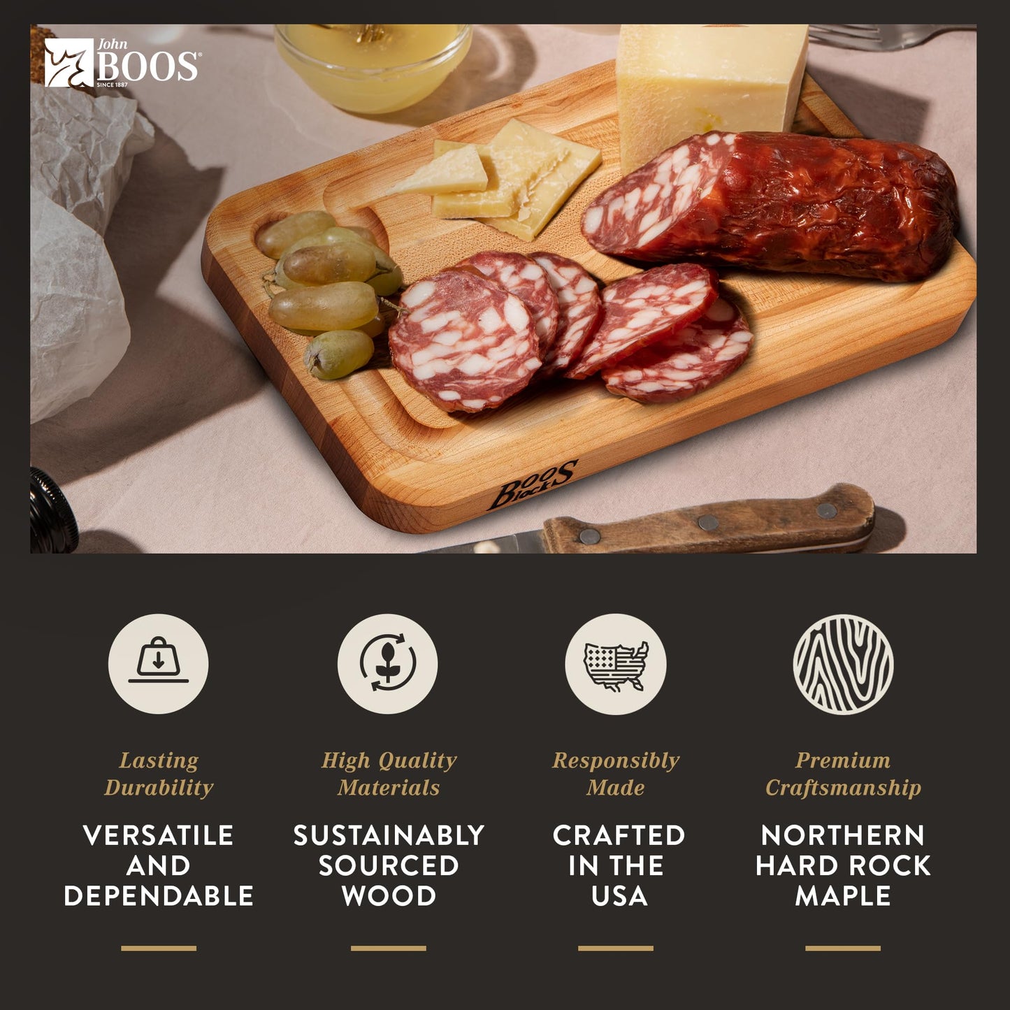 John Boos Boos Block Prestige Series Large Reversible Wood Cutting Board, 1 1/4-Inch Thickness, 16" x 10" x 1 1/4", Maple