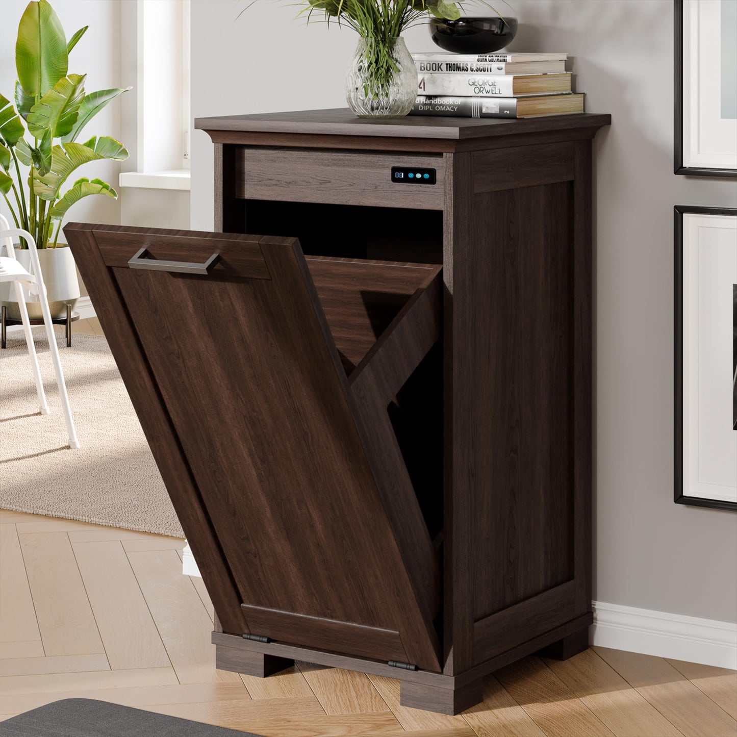 UpWiew Tilt Out Trash Cabinet Wooden, Single Door 10 Gallons, Dark Walnut - WoodArtSupply