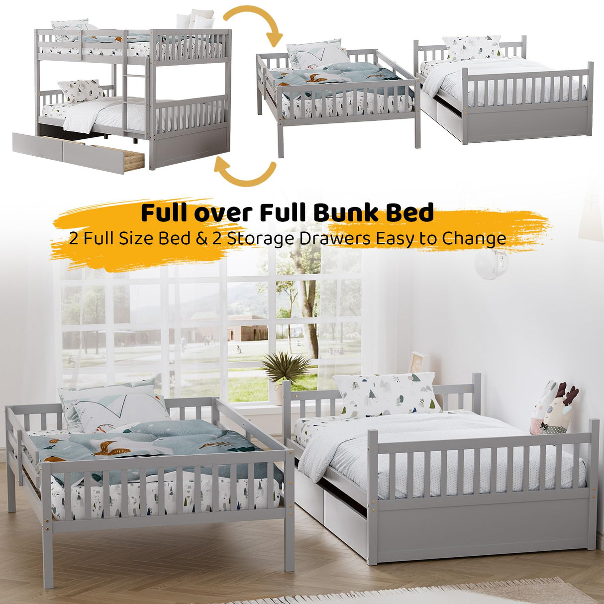 Rophefx Full Over Full Bunk Bed with Two Storage Drawers, Convertible Full Size Bunk Beds for Kids, Wooden Full Bunkbed Frame with Safety Rails and Ladders for Toddlers,Adult, Grey Rophefx