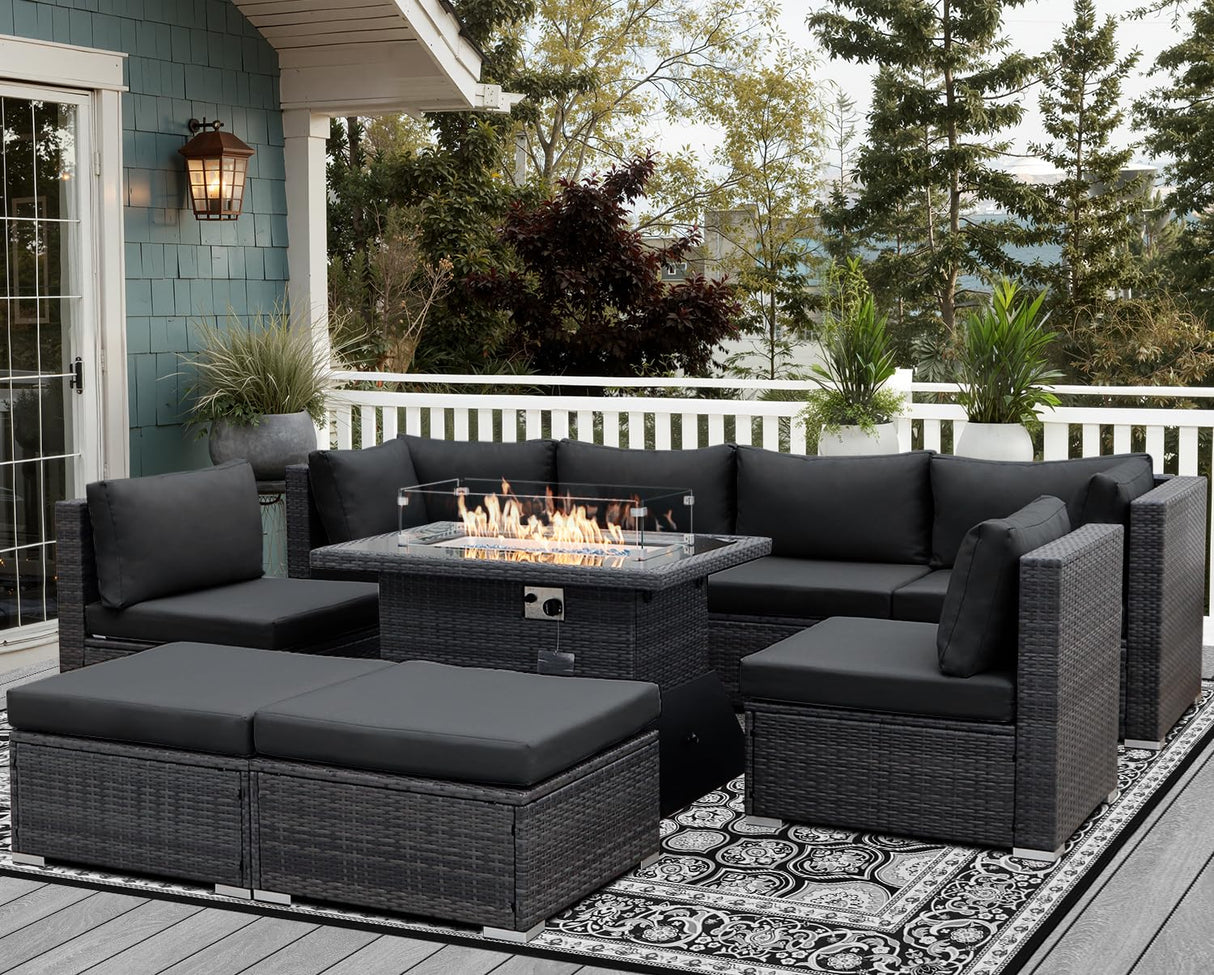 NICESOUL 8 Seater Outdoor Patio Furniture Sectional Sets with Firepits Table Natural Gas Propane, 29.3'' High Back Comfy Wicker Conversation, 9 Piece Deep Wide Modern Modular Sofa for Backyard, Grey NICESOUL