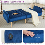 TYBOATLE 65" W Velvet Modern Convertible Folding Futon Couch Sofa Bed w/ 2 USB Charging Ports for Compact Living Space, Small Couches for Office, Dorm, RV Room, Apartment, Bedroom (Navy Blue) TYBOATLE