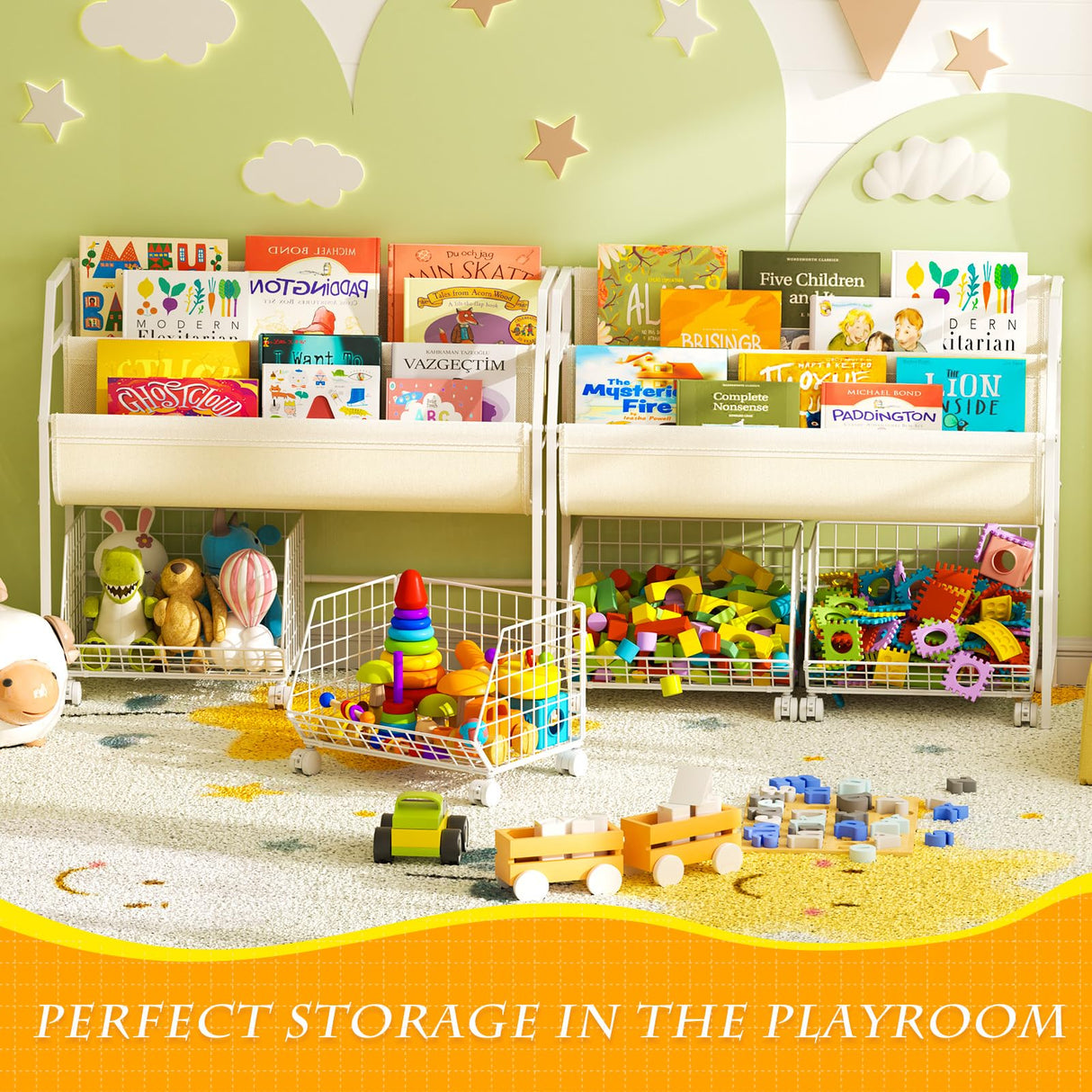 Kids Bookshelf and Toy Storage with 2 Lockable Rolling Baskets – Small Book Shelf for Kids Rooms, Montessori Children Toddler Bookshelf for Nursery, Playroom, Bedroom, Holds Up to 20 Books & Toys koozuuyk