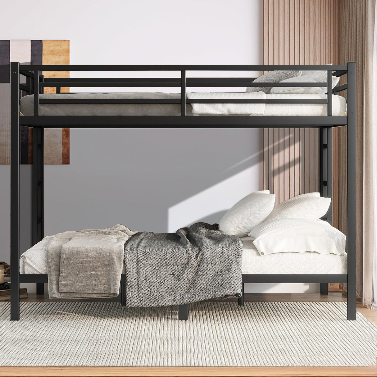 XUWANSHANG Queen Over Queen Bunk Bed Frame, Heavy Duty Metal Loft Bed for Adults/Teens, 400/600LB Capacity w/Ladder & Guardrail, Noise-Free Steel Slats, No Box Spring Required, Black XUWANSHANG