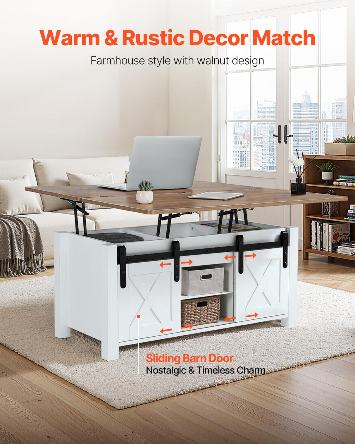 VEVOR 39.4 in Farmhouse Lift Top Coffee Table, Rustic Center Table with Barn Door and Hidden Storage Compartment, Modern Rectangle Lifting Tabletop for Living Room, Office, Home, Easy Assembly, Brown VEVOR