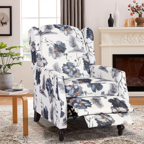 PALLOME Upholstered Wingback Recliner Chair, Mid Century Modern Manual Push Back Recliner for Living Room, Bedroom (1, Blue Floral) PALLOME