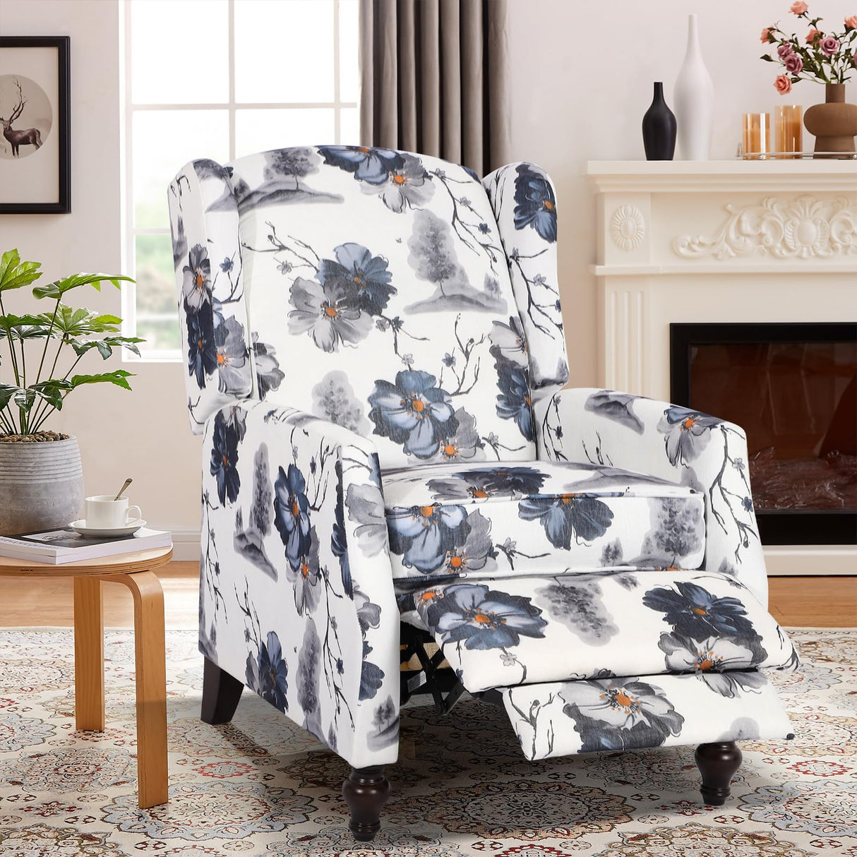 PALLOME Upholstered Wingback Recliner Chair, Mid Century Modern Manual Push Back Recliner for Living Room, Bedroom (2, Blue Floral) PALLOME