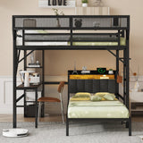 Mirightone Full Over Twin Bunk Bed with Desk & Charging Station, Full Size Loft Bed with Shelf Over Twin Bed w/LED Light & Upholstered Headboard, Detachable Metal Bunk Frame w/Storage Bookcase, Black Mirightone