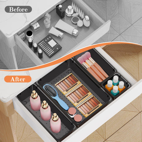 SpaceHacks 25 PCS Plastic Drawer Organizer Set, 4-Size Versatile Organizer Trays & storage Bins for Makeup, Jewelry, and Gadgets in Bathroom, Bedroom and Office,Clear Black SpaceHacks