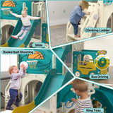NYEEKOY 9-in-1 Toddler Slide, Bus-Themed Baby Slide and Climber Playset with Basketball Hoop, Ring-Toss, Car Playhouse, Kids Indoor and Outdoor Playground Nyeekoy