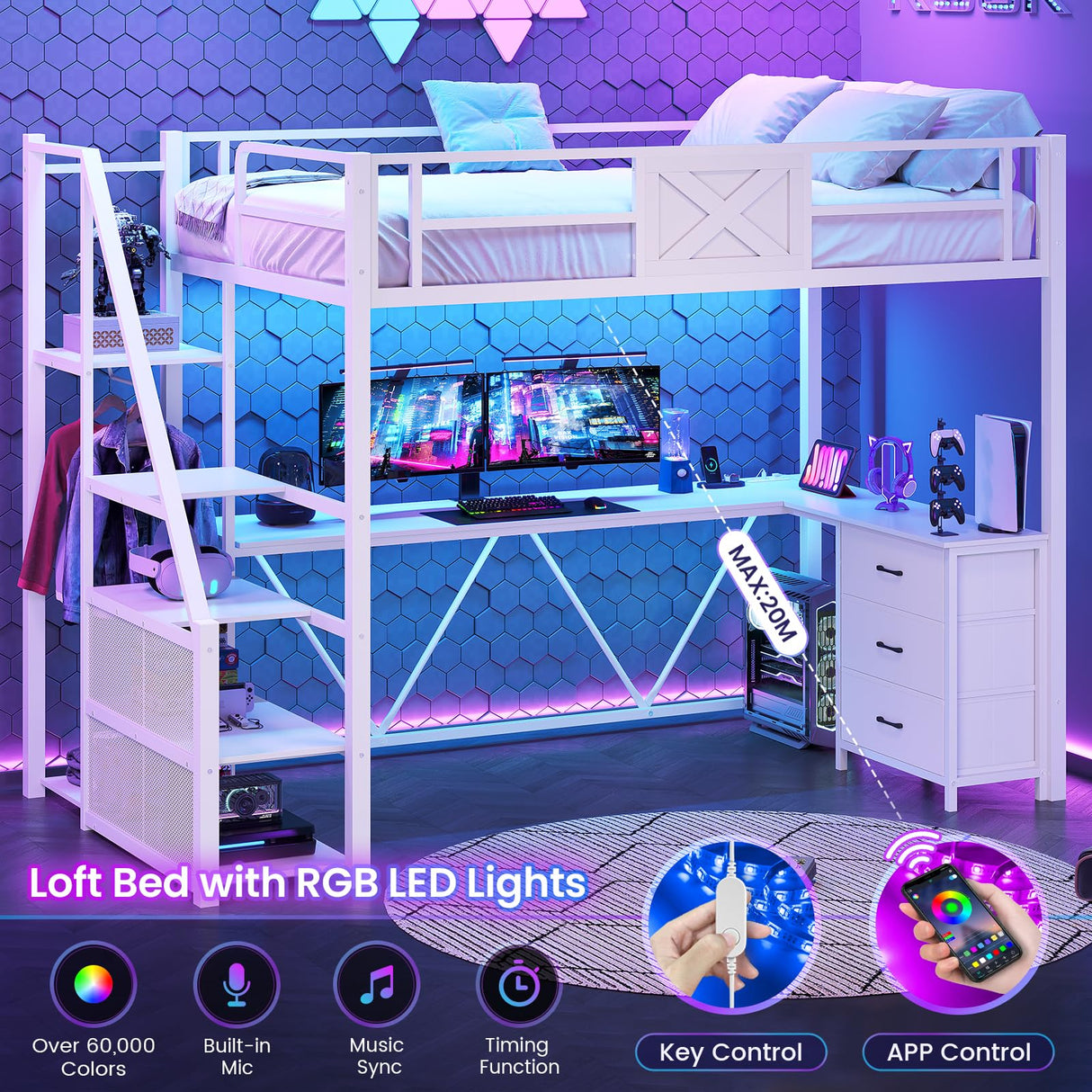 Itaar Stairway Twin Size Loft Bed with L Shaped Desk and Wardrobe, Metal Loft Bed Frame with Storage Stairs,3 Fabric Drawers, LED Lights & Charging Sation,No Noise & No Box Spring Needed, White Itaar