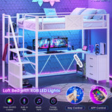 Itaar Stairway Twin Size Loft Bed with L Shaped Desk and Wardrobe, Metal Loft Bed Frame with Storage Stairs,3 Fabric Drawers, LED Lights & Charging Sation,No Noise & No Box Spring Needed, White Itaar