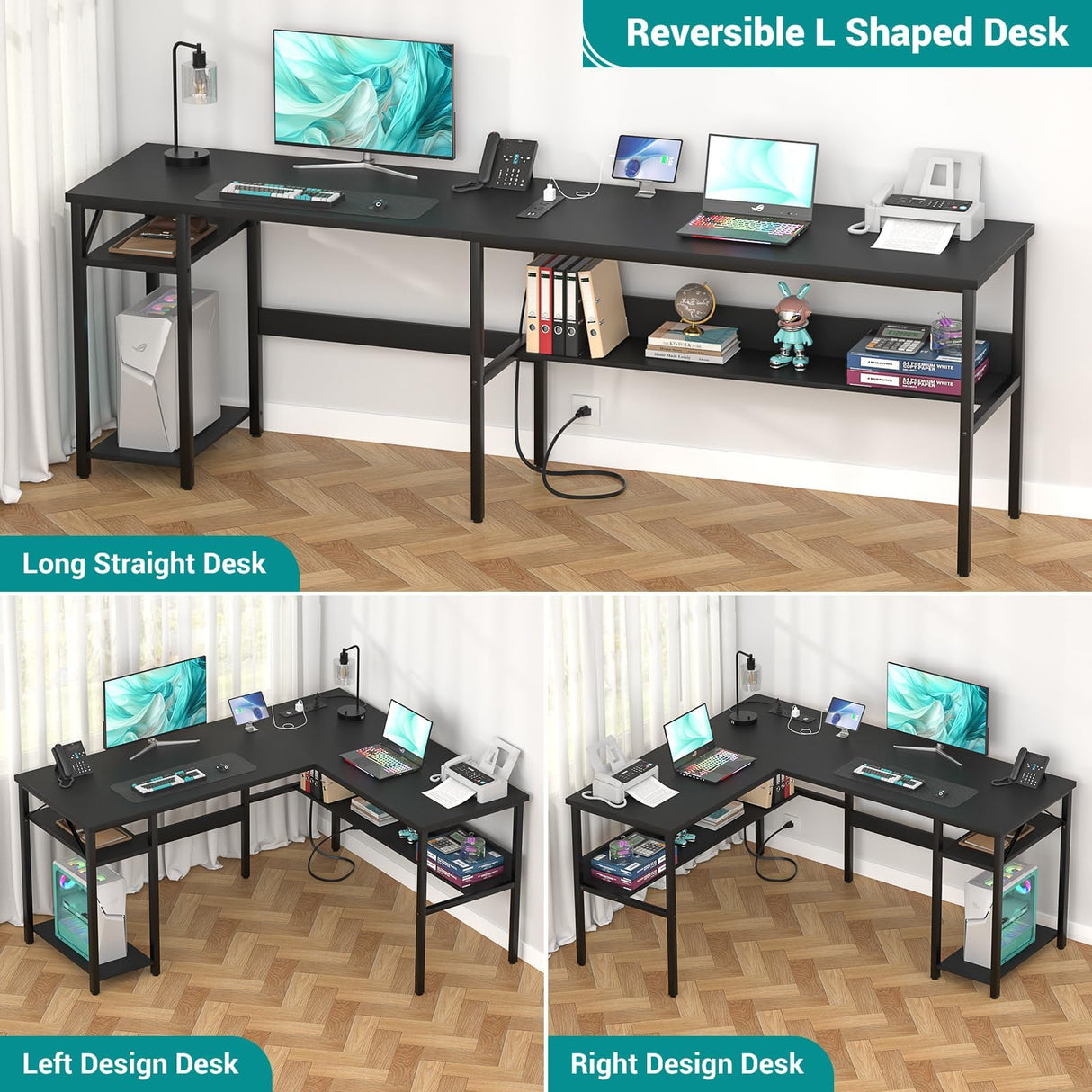Hyomdeck Reversible L Shaped Computer Desk with Power Outlets and USB Charging Ports, Sturdy Corner Desk with Storage Shelf, Modern Work Gaming Table for Home Office, Easy to Assemble, Black Hyomdeck