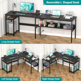 Hyomdeck Reversible L Shaped Computer Desk with Power Outlets and USB Charging Ports, Sturdy Corner Desk with Storage Shelf, Modern Work Gaming Table for Home Office, Easy to Assemble, Black Hyomdeck