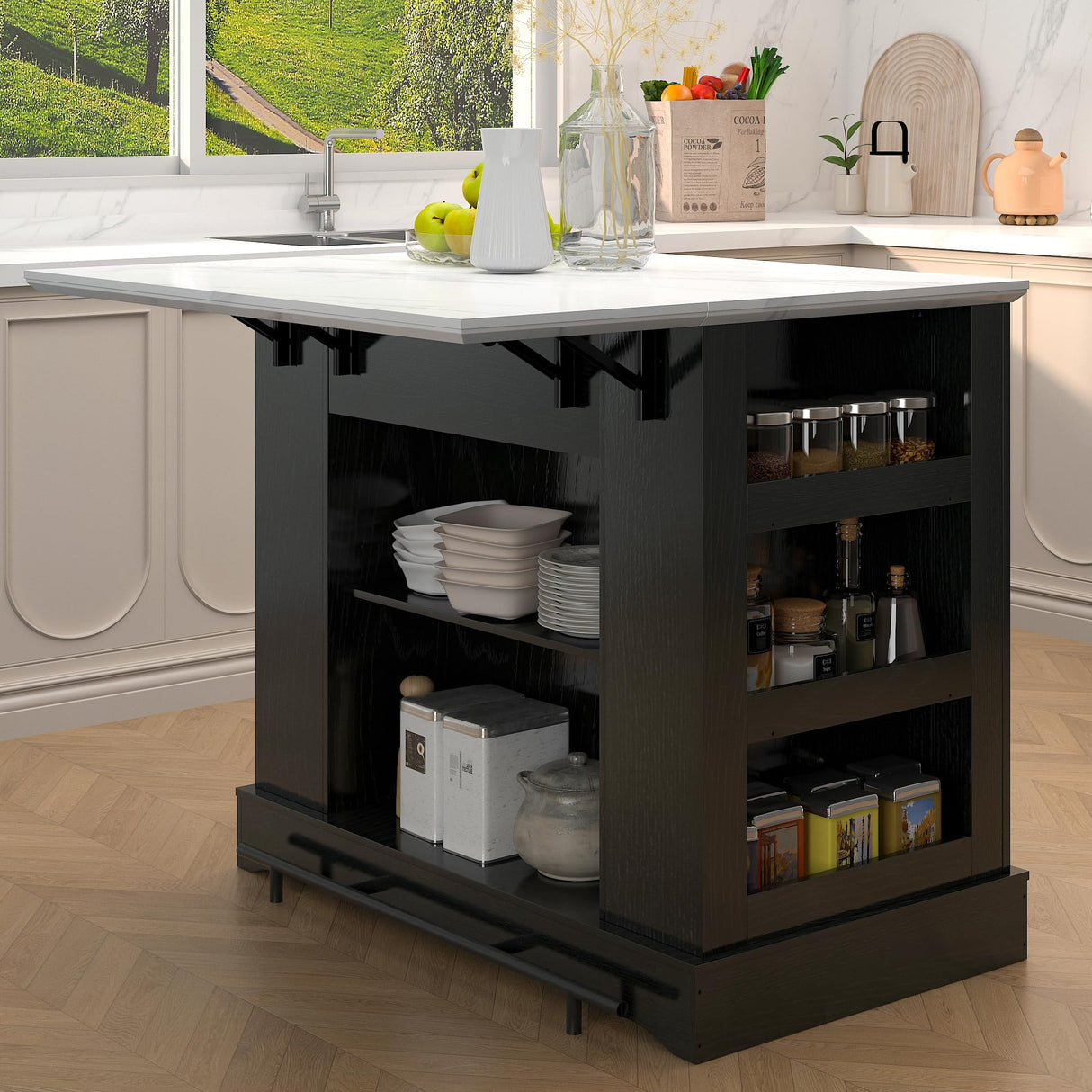 FUSUNBAO Large Kitchen Island with Storage & Power Outlet, Drawer, Adjustable Shelves, Side Open Compartments, and Drop Leaf,Island Table for Kitchen with Footrest,Black FUSUNBAO