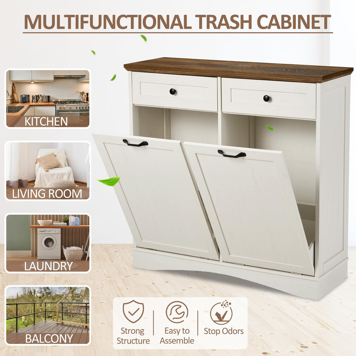 AHB Double Tilt Out Trash Cabinet Freestanding Kitchen Trash Cabinet, 2x13 Gallons Hidden Garbage Recycling Cabinet with Hideaway Drawers Pet Proof Trash Can for Kitchen Living Room, Antique White AHB