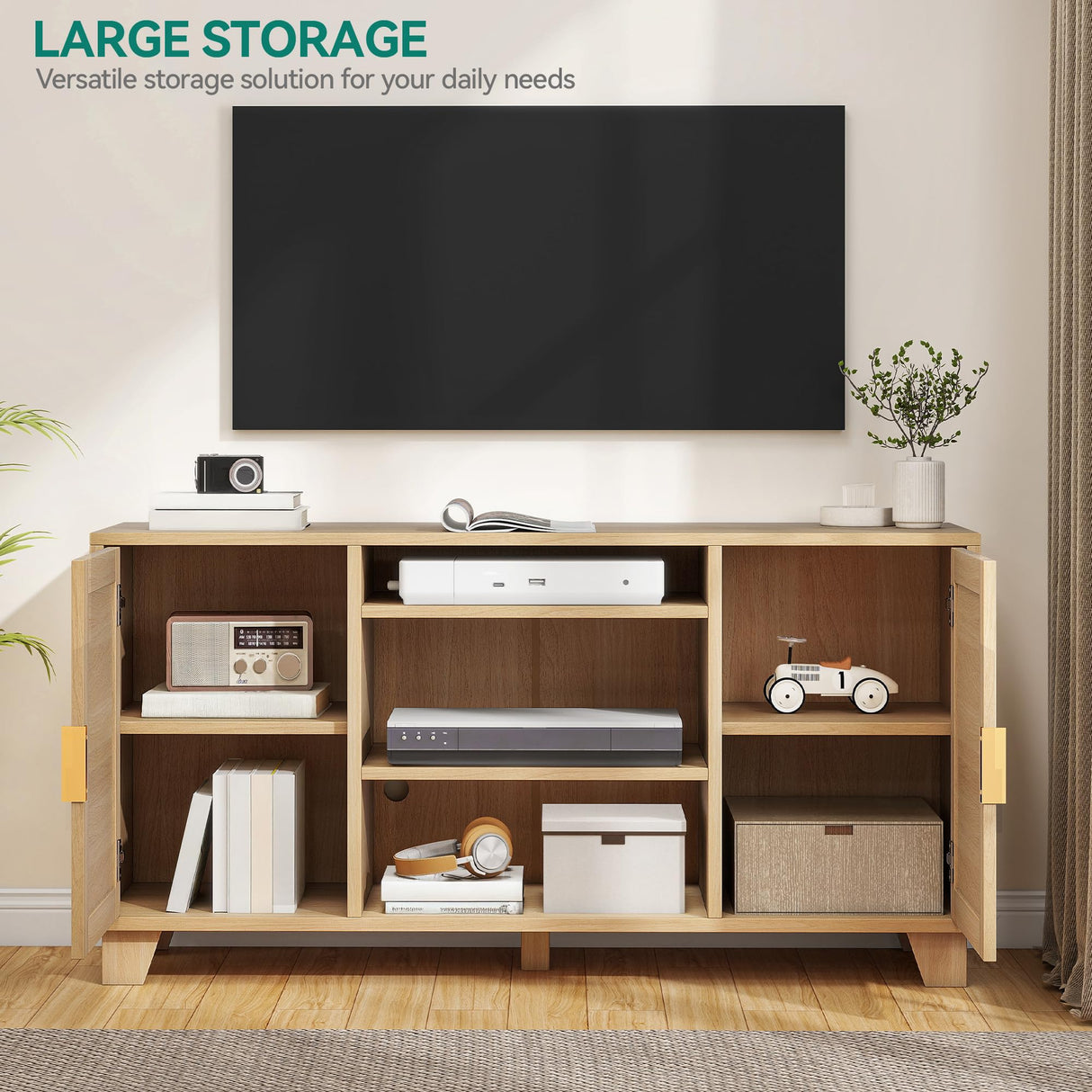 YITAHOME TV Stand for 65 Inch TVs, Boho Entertainment Center with Rattan Doors, Storage Cabinets and Adjustable Shelves, Long Boho Media Console for Living Room YITAHOME